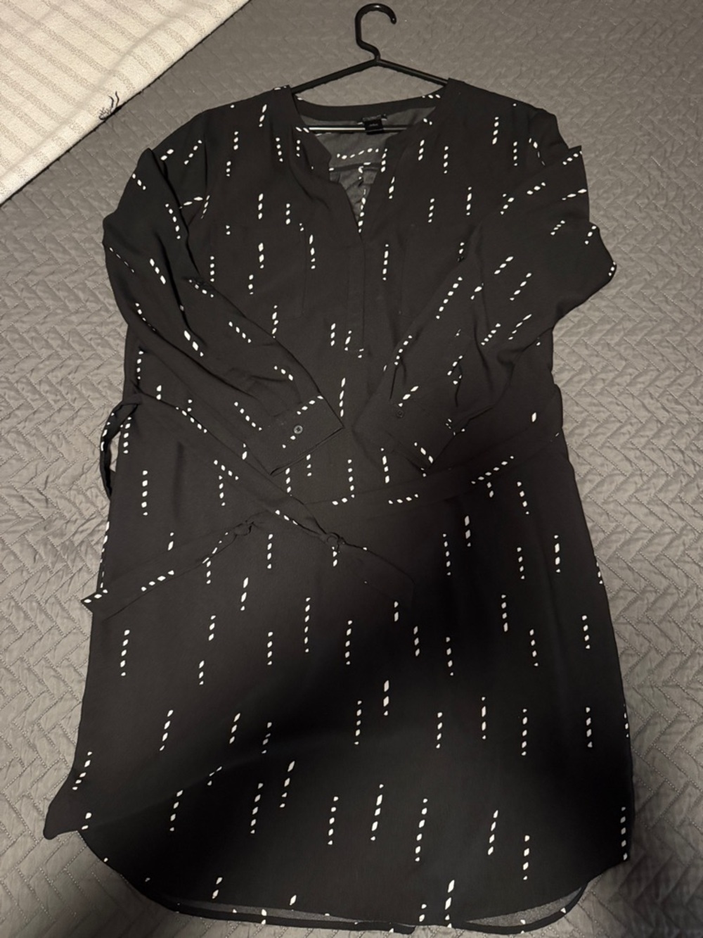 Ann Taylor Factory Black Shirt Dress with White Dash Print and tie belt